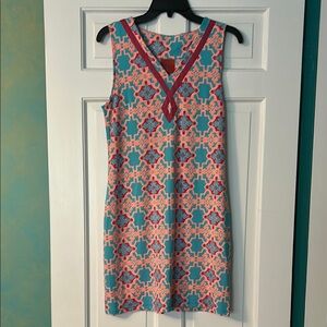 Tracy Negoshian Blue and Pink Geometric Midi Dress